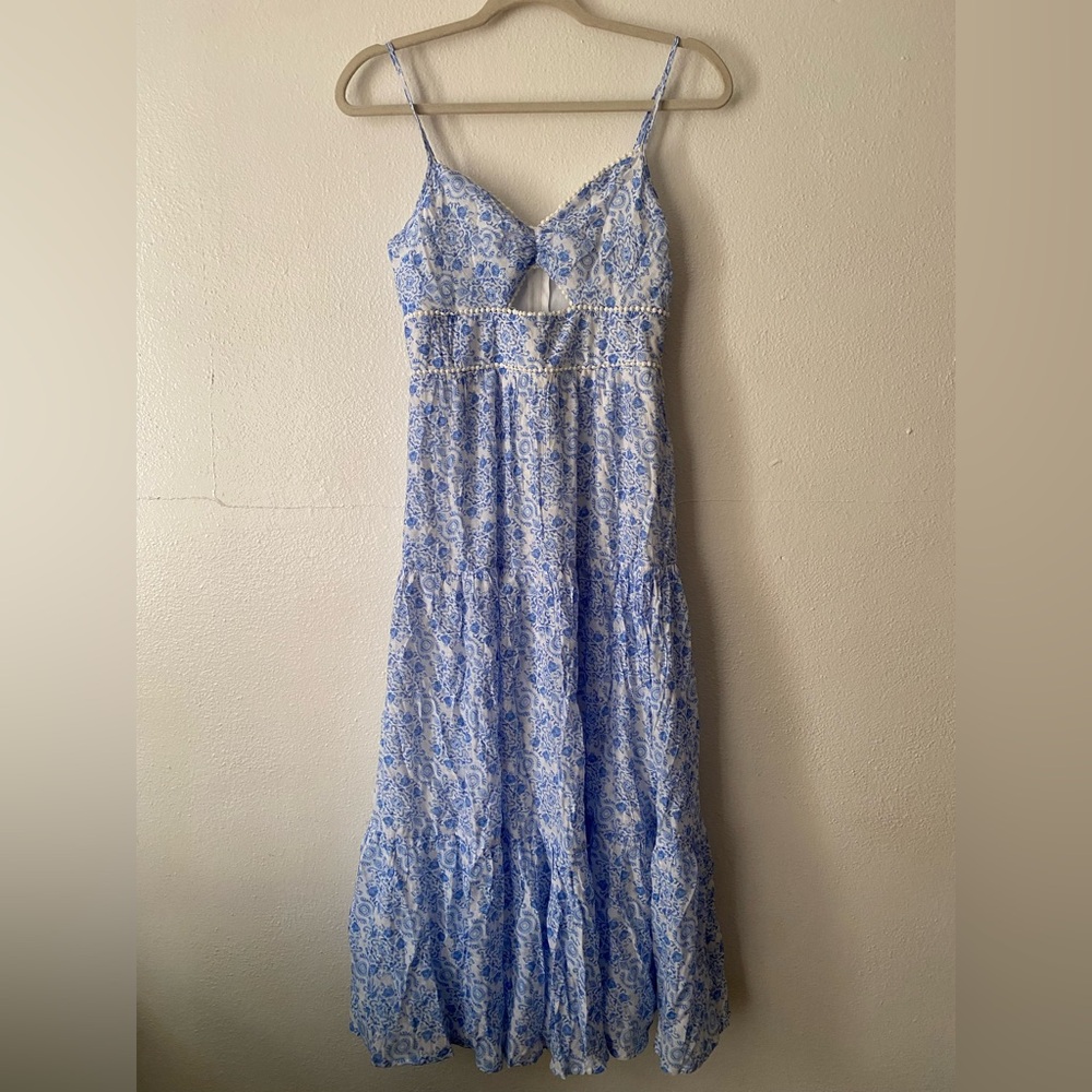 Trixxi Blue and White Paisley Maxi Dress with Cutout Bodice